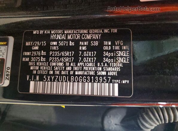 5XYZUDLB0GG313957 2016 HYUNDAI SANTA Black Вид наклейки з VIN-кодом