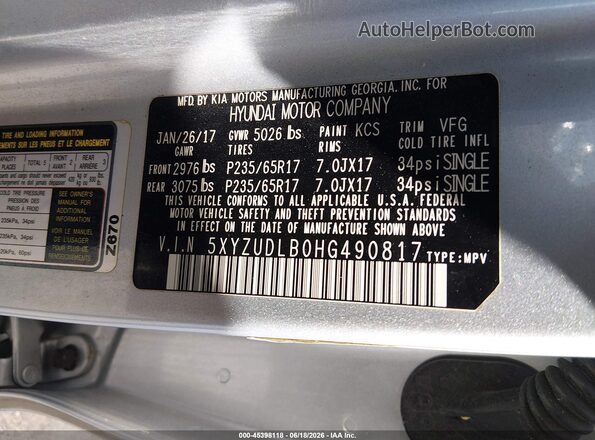 5XYZUDLB0HG490817 2017 HYUNDAI SANTA FE SPORT Silver Widok komory silnika