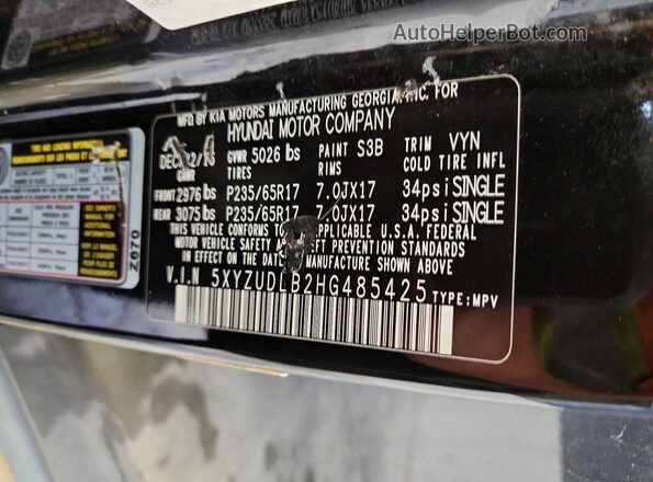 5XYZUDLB2HG485425 2017 HYUNDAI SANTA Black Vista de la etiqueta del VIN