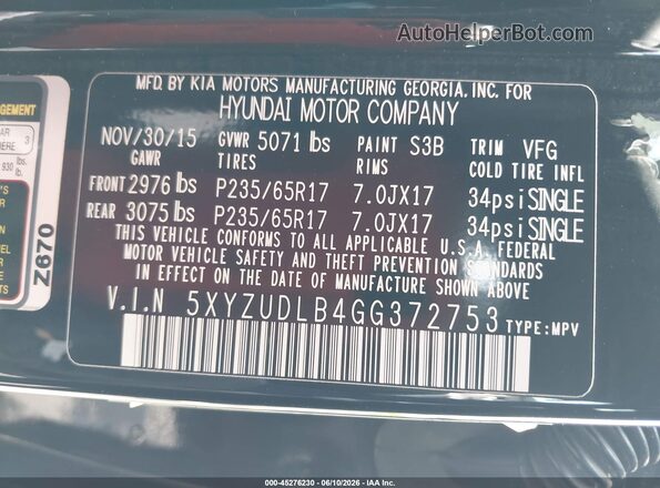 5XYZUDLB4GG372753 2016 HYUNDAI SANTA FE SPORT Black Widok komory silnika