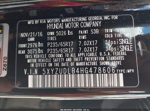 5XYZUDLB4HG478606 2017 HYUNDAI SANTA FE SPORT Black 