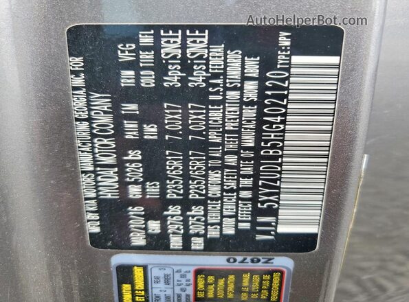 5XYZUDLB5HG402120 2017 HYUNDAI SANTA Gray Vista de la etiqueta del VIN