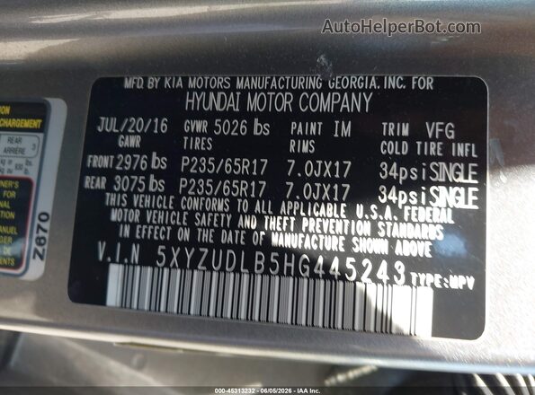 5XYZUDLB5HG445243 2017 HYUNDAI SANTA FE SPORT Gray Շարժիչի բաժամունքի տեսք