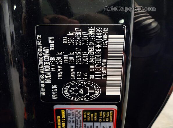 5XYZUDLB6HG414499 2017 HYUNDAI SANTA Black Vista de la etiqueta del VIN