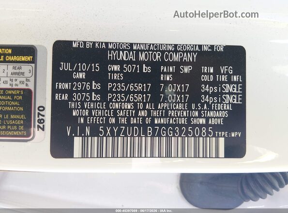 5XYZUDLB7GG325085 2016 HYUNDAI SANTA FE SPORT White Engine compartment view