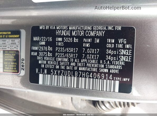 5XYZUDLB7HG406914 2017 HYUNDAI SANTA FE SPORT Gray ძრავის განყოფილების ხედი