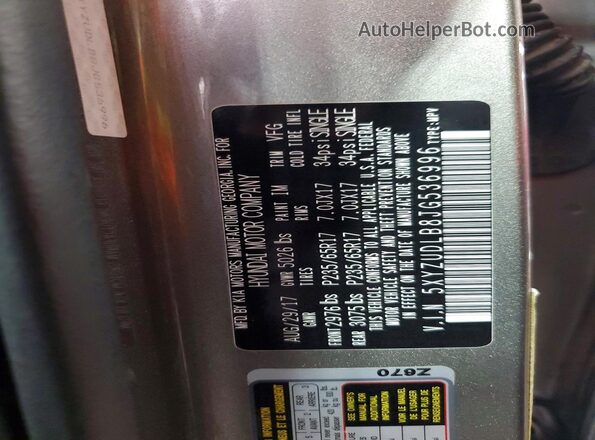 5XYZUDLB8JG536996 2018 HYUNDAI SANTA Gray VIN კოდის სტიკერის ხედი