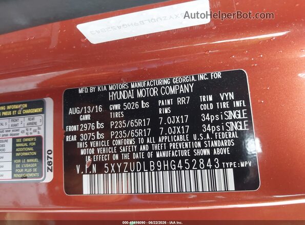 5XYZUDLB9HG452843 2017 HYUNDAI SANTA FE SPORT Orange Vista del compartimento del motor