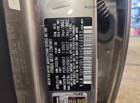 5XYZUDLBXHG416983 2017 HYUNDAI SANTA Gray 