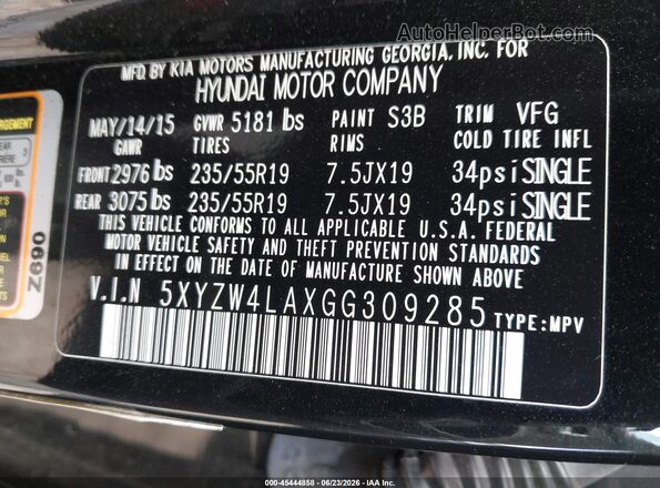 5XYZW4LAXGG309285 2016 HYUNDAI SANTA FE SPORT Black Engine compartment view