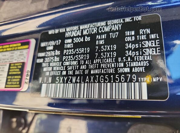 5XYZW4LAXJG515679 2018 HYUNDAI SANTA Blue Widok wnętrza 360 stopni