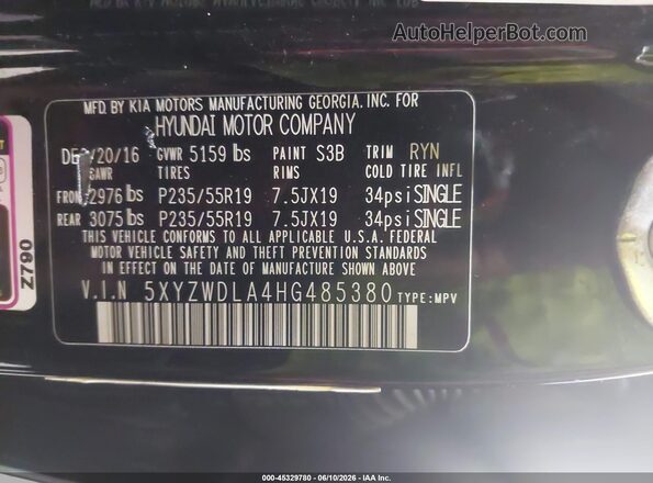5XYZWDLA4HG485380 2017 HYUNDAI SANTA FE SPORT Black Вид підкапотного простору