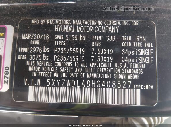 5XYZWDLA8HG408527 2017 HYUNDAI SANTA FE SPORT Черный Вид подкапотного пространства