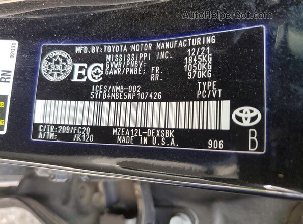 5YFB4MBE5NP107426 2022 TOYOTA COROLLA Charcoal 
