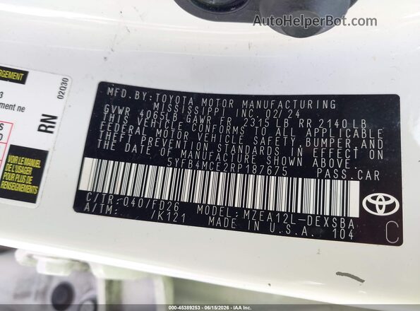 5YFB4MCE2RP187675 2024 TOYOTA COROLLA Белый Вид подкапотного пространства