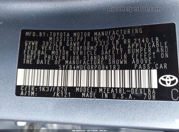 5YFB4MDE0RP094183 2024 TOYOTA COROLLA Blue Շարժիչի բաժամունքի տեսք