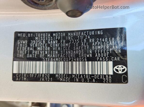 5YFB4MDE0SP248056 2025 TOYOTA COROLLA Silver Engine compartment view