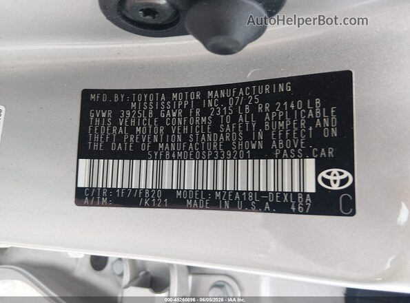 5YFB4MDE0SP339201 2025 TOYOTA COROLLA Серебряный Вид подкапотного пространства