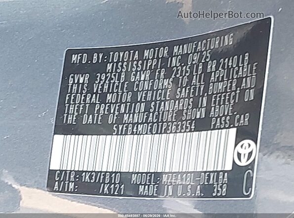 5YFB4MDE0TP363354 2026 TOYOTA COROLLA Blue Вид підкапотного простору