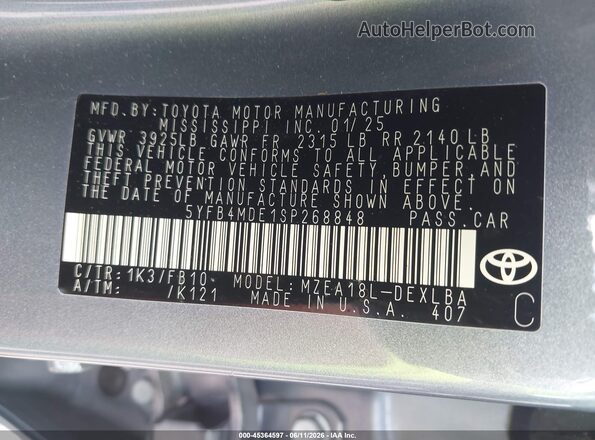 5YFB4MDE1SP268848 2025 TOYOTA COROLLA Серый 