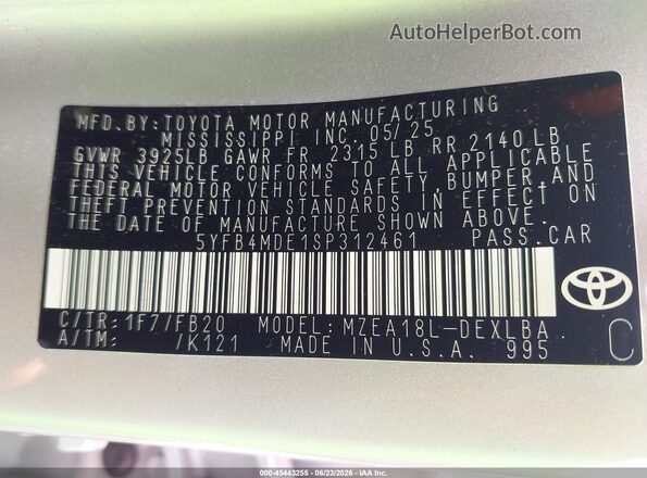 5YFB4MDE1SP312461 2025 TOYOTA COROLLA Серебряный Вид подкапотного пространства