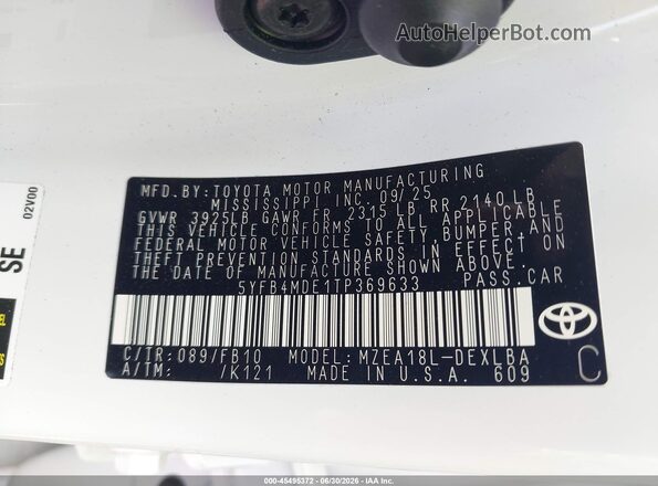 5YFB4MDE1TP369633 2026 TOYOTA COROLLA White Вид підкапотного простору