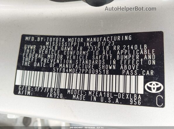 5YFB4MDE2PP009518 2023 TOYOTA COROLLA Silver Widok komory silnika