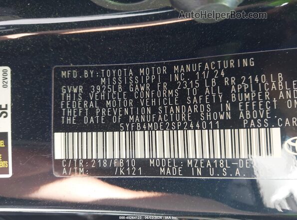 5YFB4MDE2SP244011 2025 TOYOTA COROLLA Black 