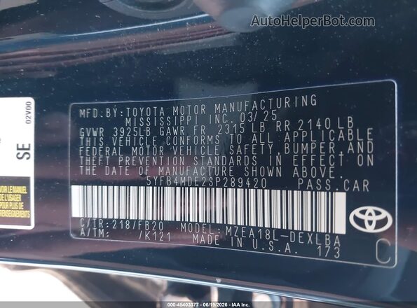 5YFB4MDE2SP289420 2025 TOYOTA COROLLA Black Вид підкапотного простору
