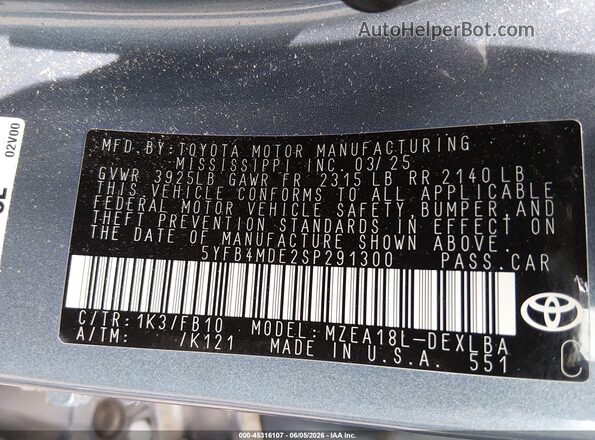 5YFB4MDE2SP291300 2025 TOYOTA COROLLA Blue Widok komory silnika