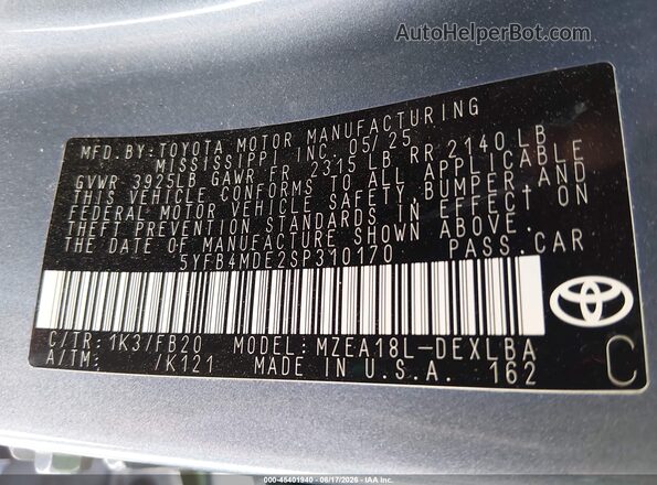 5YFB4MDE2SP310170 2025 TOYOTA COROLLA Blue Շարժիչի բաժամունքի տեսք