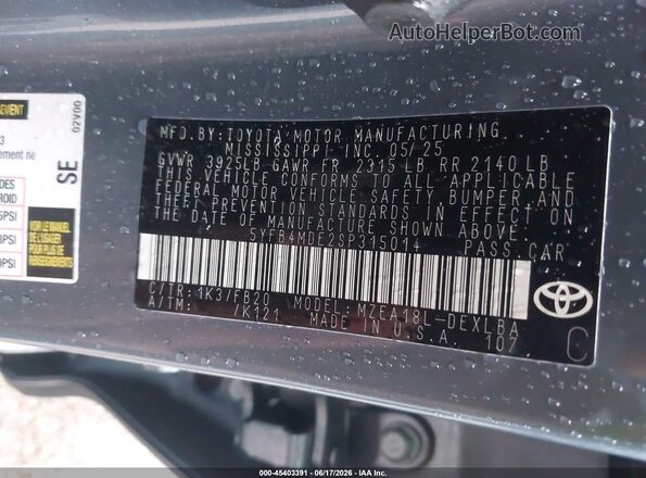 5YFB4MDE2SP315014 2025 TOYOTA COROLLA Blue Շարժիչի բաժամունքի տեսք