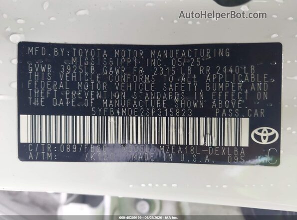 5YFB4MDE2SP315823 2025 TOYOTA COROLLA White Front view