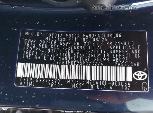 5YFB4MDE2SP323274 2025 TOYOTA COROLLA Dark Blue Вид подкапотного пространства