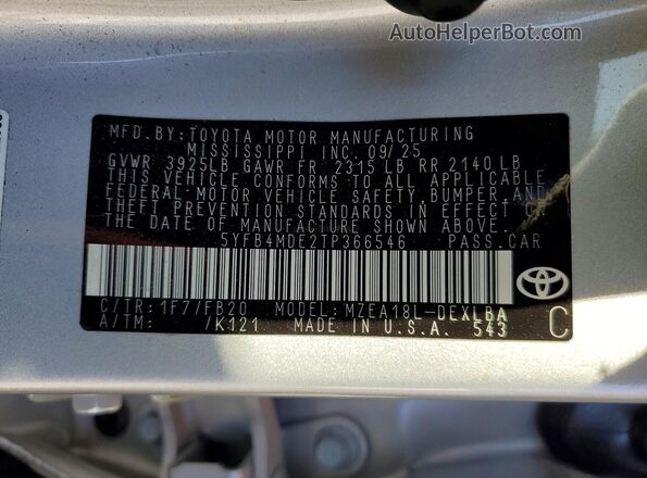 5YFB4MDE2TP366546 2026 TOYOTA COROLLA Silver ძრავის განყოფილების ხედი