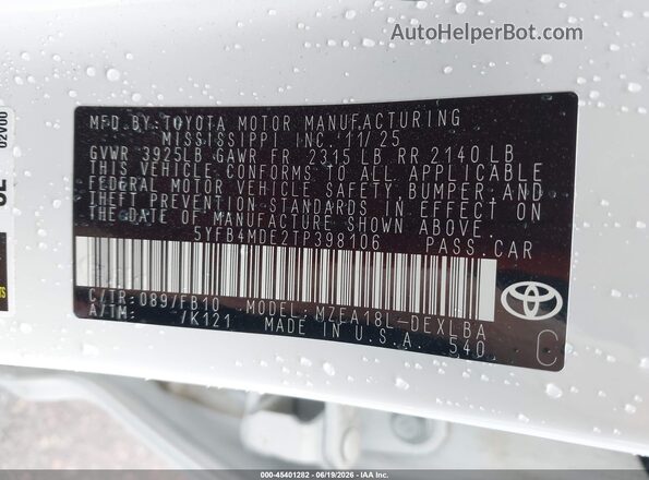 5YFB4MDE2TP398106 2026 TOYOTA COROLLA White Vista del compartimento del motor