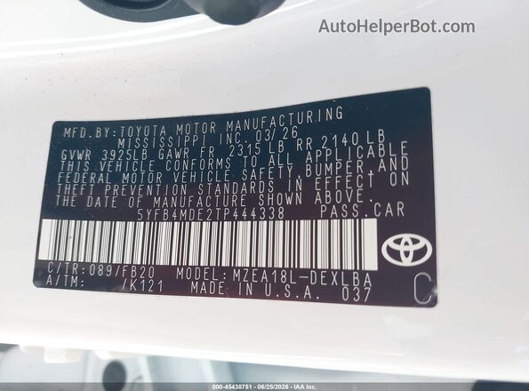 5YFB4MDE2TP444338 2026 TOYOTA COROLLA White Widok komory silnika