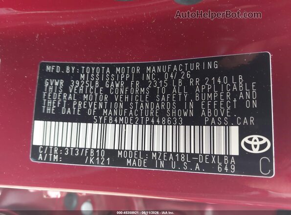 5YFB4MDE2TP448633 2026 TOYOTA COROLLA Red 