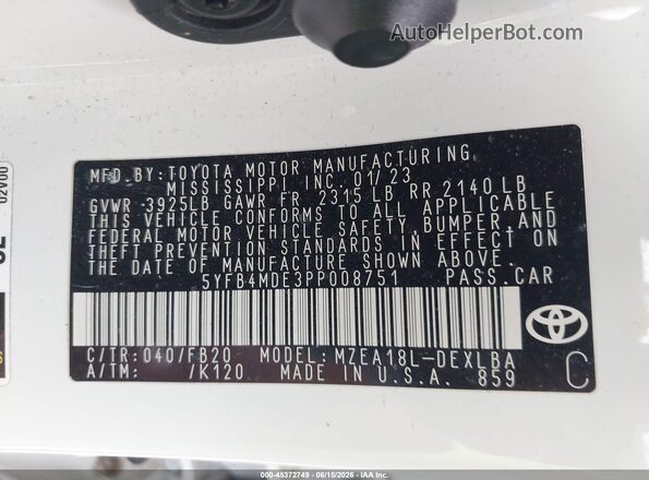 5YFB4MDE3PP008751 2023 TOYOTA COROLLA Белый Вид подкапотного пространства