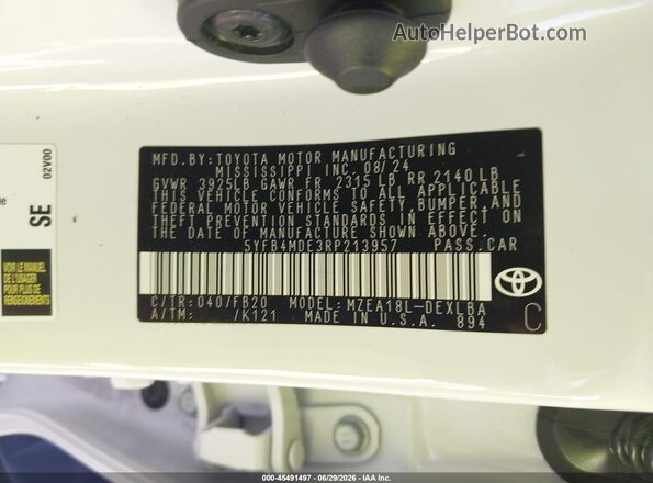 5YFB4MDE3RP213957 2024 TOYOTA COROLLA White Engine compartment view