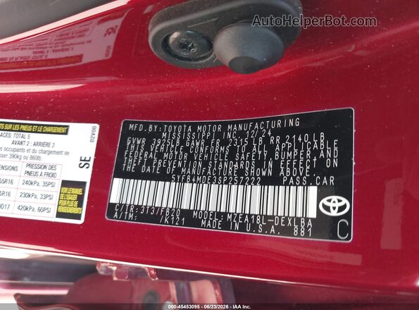 5YFB4MDE3SP257222 2025 TOYOTA COROLLA Red Widok komory silnika