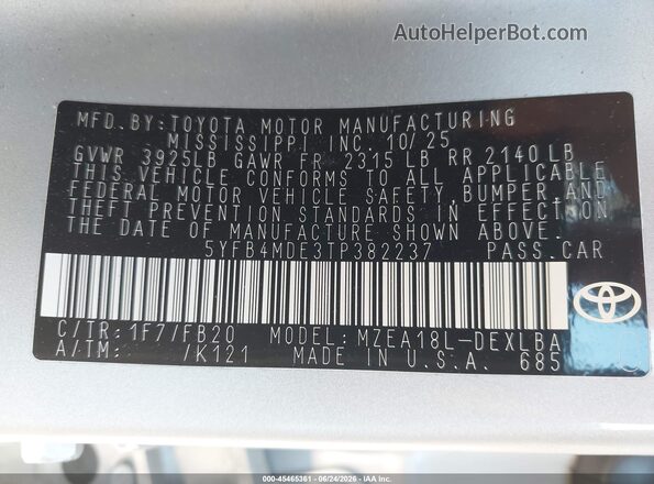 5YFB4MDE3TP382237 2026 TOYOTA COROLLA Silver Շարժիչի բաժամունքի տեսք