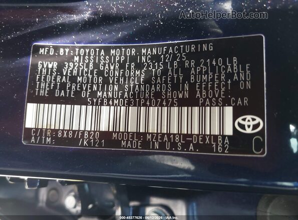 5YFB4MDE3TP407475 2026 TOYOTA COROLLA Blue Engine compartment view