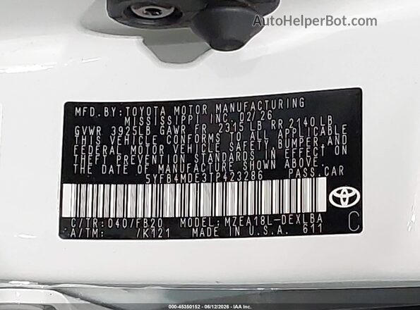 5YFB4MDE3TP423286 2026 TOYOTA COROLLA White ძრავის განყოფილების ხედი