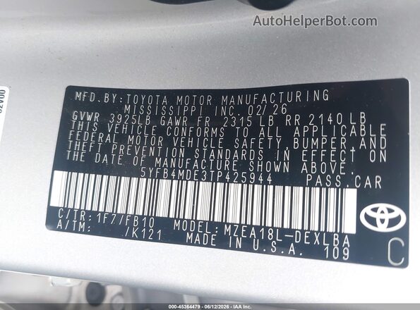 5YFB4MDE3TP425944 2026 TOYOTA COROLLA Silver Вид підкапотного простору