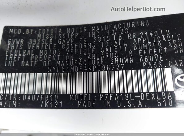 5YFB4MDE4RP096227 2024 TOYOTA COROLLA Белый 