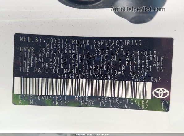 5YFB4MDE4TP378973 2026 TOYOTA COROLLA White 