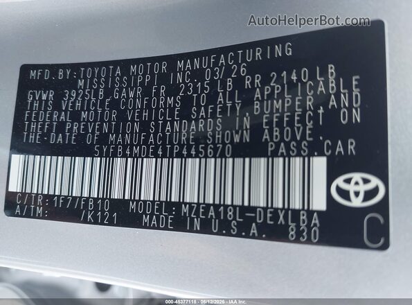 5YFB4MDE4TP445670 2026 TOYOTA COROLLA Silver Engine compartment view