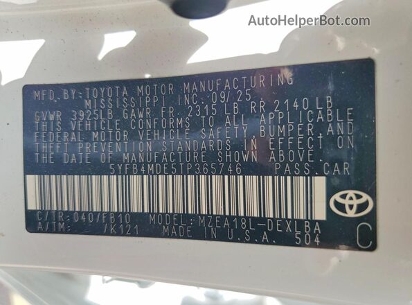 5YFB4MDE5TP365746 2026 TOYOTA COROLLA White 