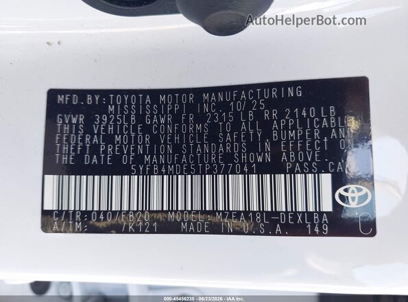 5YFB4MDE5TP377041 2026 TOYOTA COROLLA White Շարժիչի բաժամունքի տեսք